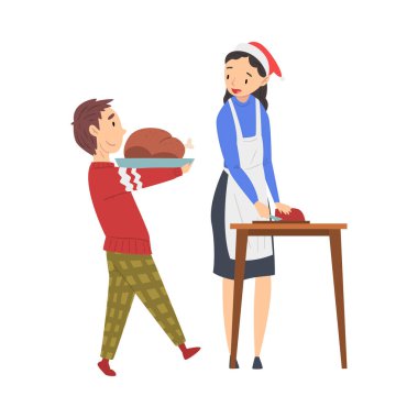 Noel Tatili için Anne Yemek Pişiriyor Noel Baba Şapkası Giyiyor, Oğlu Ona Yardım Ediyor, Aile Yılbaşını Kutluyor, Noel Arifesi Vector Illustration