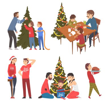 İnsanlar Kış Tatillerini Hazırlıyor ve Kutluyor, Erkekler, Kadınlar ve Çocuklar Noel Ağacı Süsleme ve Lezzetli Yemekler Pişiriyor ve Birlikte İyi Zaman Geçiriyorlar Vektör Resimleri