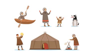 Vahşi Kuzey Kutbu İnsanları ve Hayvanları Vektör Resimleri Ayarlandı