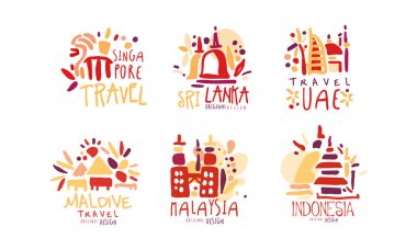 Farklı Ülkelere Seyahat Vektör Etiketleri ve Logoları Ayarla
