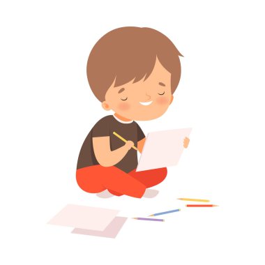 Sevimli Çocuk Yerde Oturuyor ve Renkli Kalemlerle Resim Çiziyor, Sevimli Genç Sanatçı Çizer Karakteri, Yaratıcı Çocuk Hobi Vektör İllüzyonu