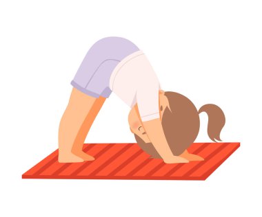 Aşağıya bakan sevimli kız köpek pozu, Yoga yapan sevimli çocuk, Aktif Sağlıklı Yaşam Tarzı Vektör İllüstrasyonu