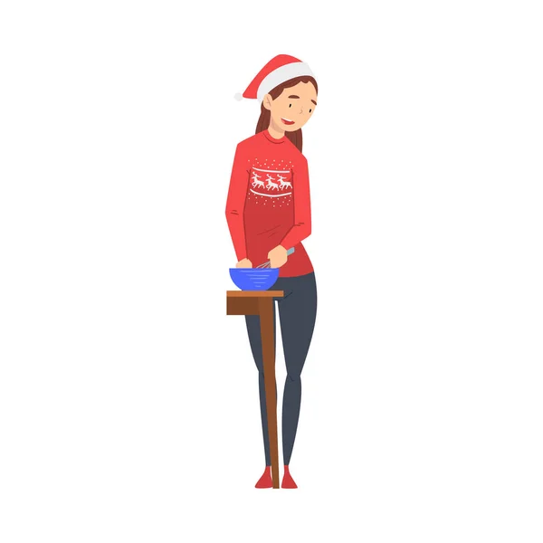 Junge Frau kocht Essen für Weihnachtsfeiertage mit Weihnachtsmannmütze und rotem Pullover, Heiligabend, Silvesterfeier Vektor Illustration — Stockvektor