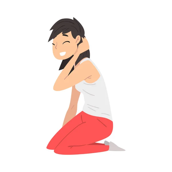 Brunette Smiling Young Woman Sitting on Her Knees Vector Illustration — Stock Vector