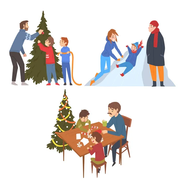 People Preparing and Celebrating Winter Holidays, Men, Women and Kids Decorating Christmas Tree, Sliding Down Hill, Spending Good Time Together Vector Illustration — Stock Vector