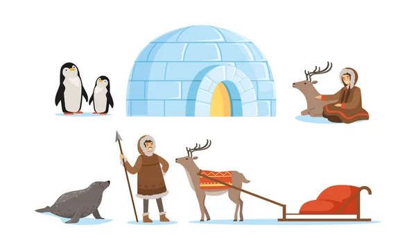 Wild North Arctic People and Animals Wektor ilustracje zestaw — Wektor stockowy