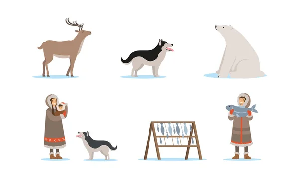 Wild North Arctic People and Animals Vector Illustrations Set — Stockový vektor