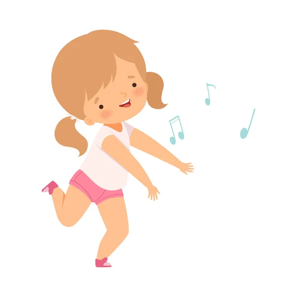 Sweet Girl Chantant et dansant, Lovely Kid S'amuser et profiter de l'écoute de la musique Illustration vectorielle de bande dessinée — Image vectorielle