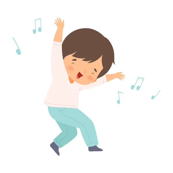 Brunette Boy Chantant et dansant, Adorable enfant s'amusant et appréciant écouter de la musique Illustration vectorielle de bande dessinée — Image vectorielle