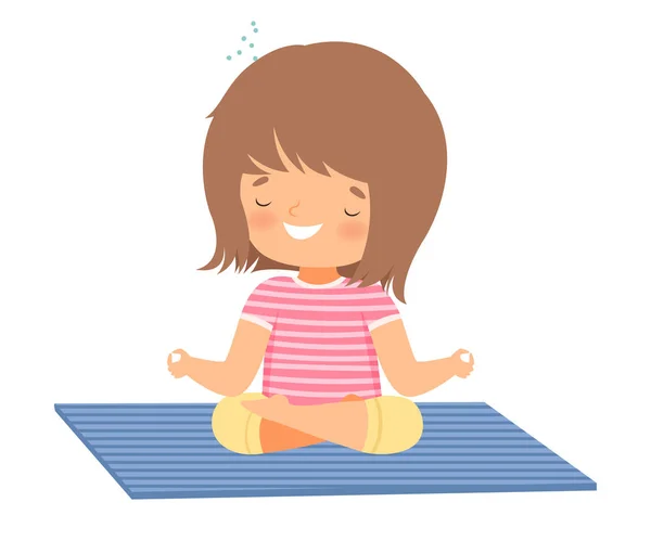 Roztomilá dívka meditující v lotosové pozici, rozkošné dítě cvičící jógu, aktivní zdravý životní styl vektorové ilustrace — Stockový vektor