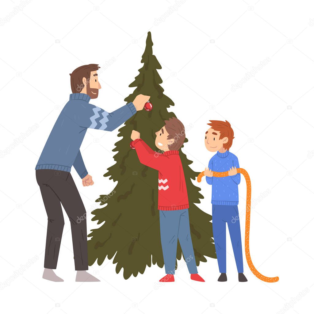 Father and His Two Sons Decorating Christmas Tree Together, Family Celebrating New Year, Christmas Eve Vector Illustration