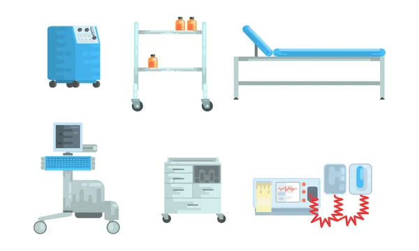 Medical Surgery and Examination Rooms Equipment with Scanner Monitor and Operating Table Vector Set — Stock Vector