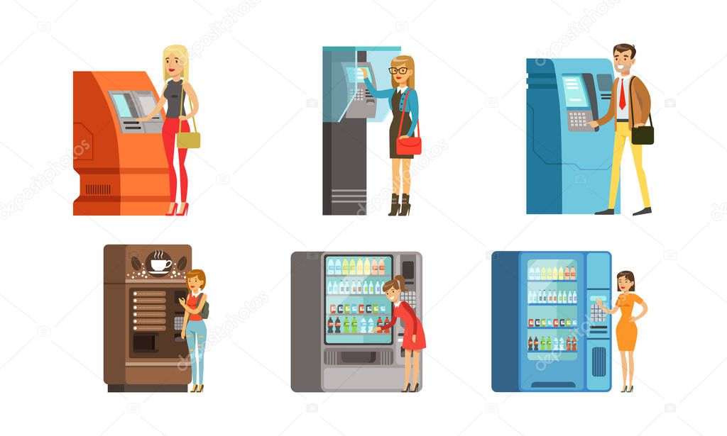 People Characters Using Vending Machines Vector Illustrations Set