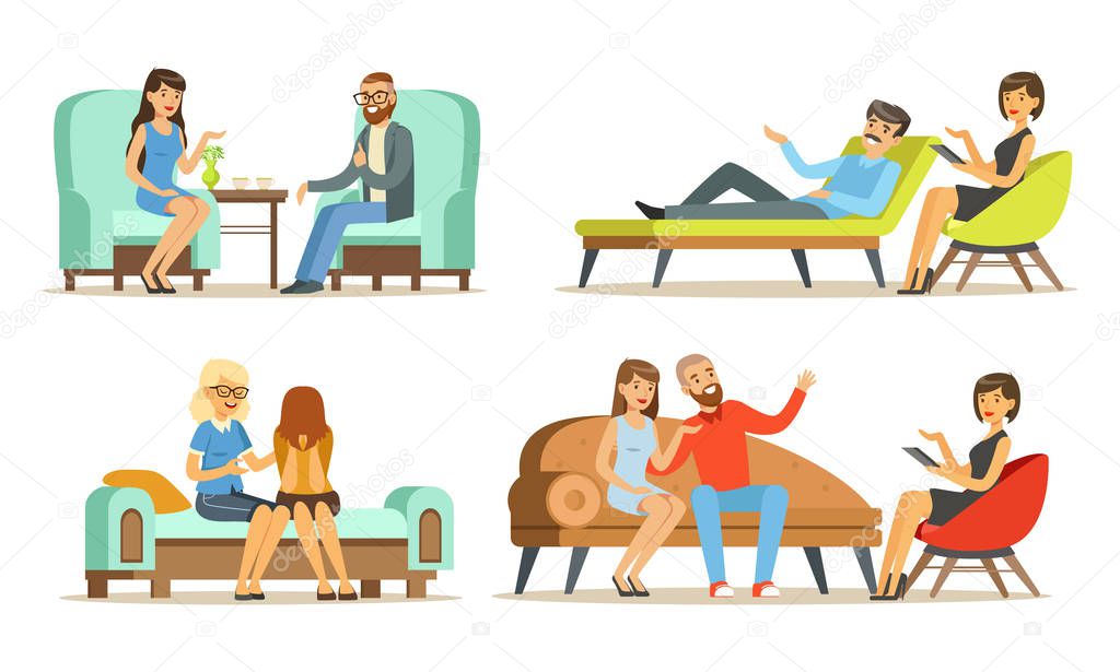 People Sitting and Lying on Couch Talking With Female Psychologist Sitting in front of Them Vector Illustrations Set