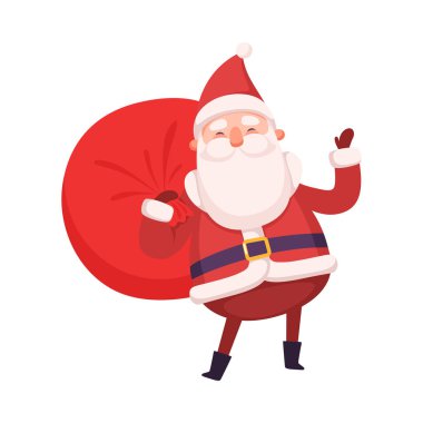 Komik Noel Baba Noel Hediyeleri Torbası, Sevimli Noel ve Yeni Yıl Karakteri, Kış Tatili Tasarım Element Vektörü İllüstrasyonu