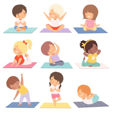 Tatlı Kız ve Oğlanlar Yoga Alıştırması Koleksiyonu, Aktif Sağlıklı Yaşam Tarzı Vektör Çizimi