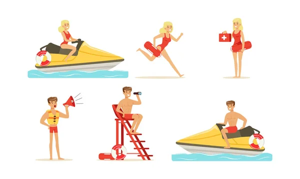 Playa de rescate de la Mujer y el Hombre Personajes Realizando Sus Deberes — Vector de stock