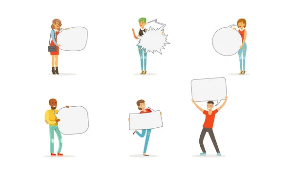 People Characters Standing and Holding Speech Bubbles Vector Set — Stock Vector