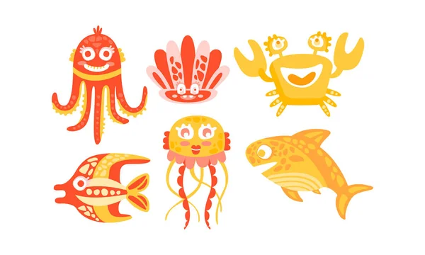 Cute Friendly Sea Creatures Vector Set. Vida subaquática para criança Ilustrado Livro Conceito — Vetor de Stock