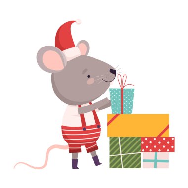 Hediye Kutuları ile Şirin Fare, Şirin Küçük Kemirgen Hayvan Karakteri, 2020 Yıllık Vektör Çizimi
