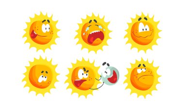 Çizgi film Güneş Farklı Duyguları İfade Etme Vektörü Kümesi