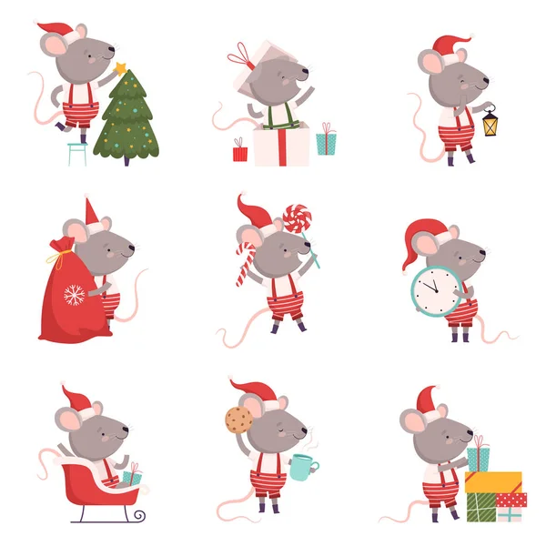 Colección de lindo ratón en Navidad traje de Papá Noel con cajas de regalo, lindo pequeño personaje de roedor animal en diferentes situaciones, símbolo de 2020 año Vector Ilustración — Vector de stock