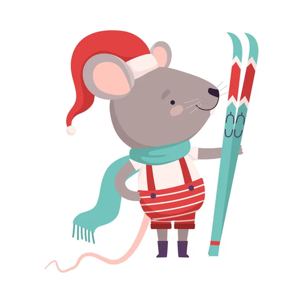 Cute Mouse in Christmas Santa Claus Costume with Skis, Cute Small Rodent Animal Character, Symbol of 2020 Year Vector Illustration — Stock Vector