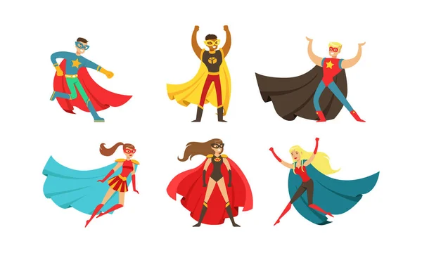 Personagens de super-heróis em diferentes Poses Vector Set — Vetor de Stock