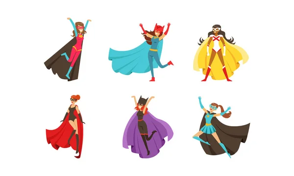 Superheroes Characters in Different Poses Vector Set — Stock Vector