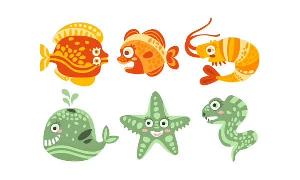 Cute Friendly Sea Creatures Vector Set. Underwater Life for Kid Illustrated Book Concept — Stock Vector