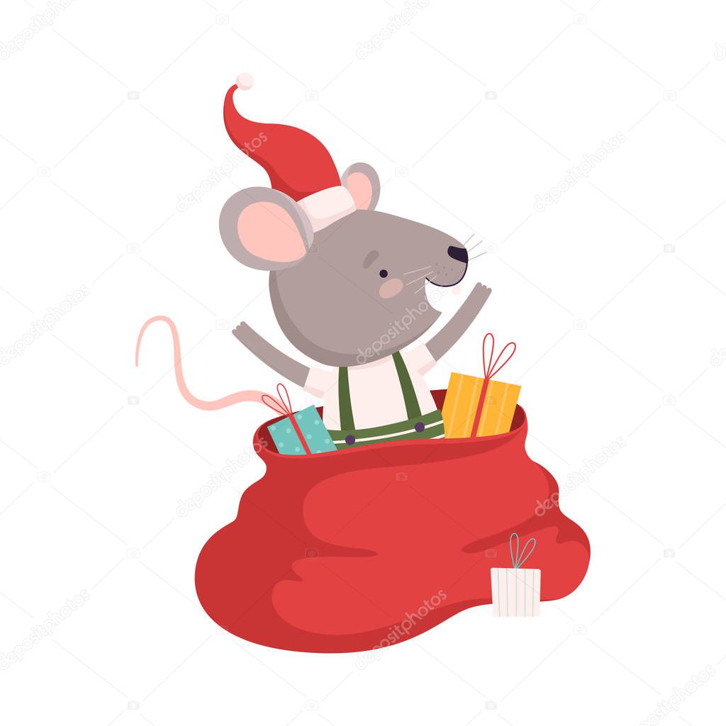 Cute Mouse in Red Santa Hat with Big Sack of Christmas Gifts, Cute Small Rodent Animal Character, Symbol of 2020 Year Vector Illustration