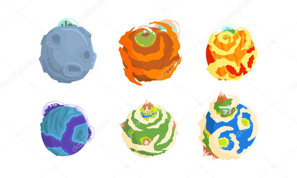 Fantastic Planets with Alien Life on it Vector Set