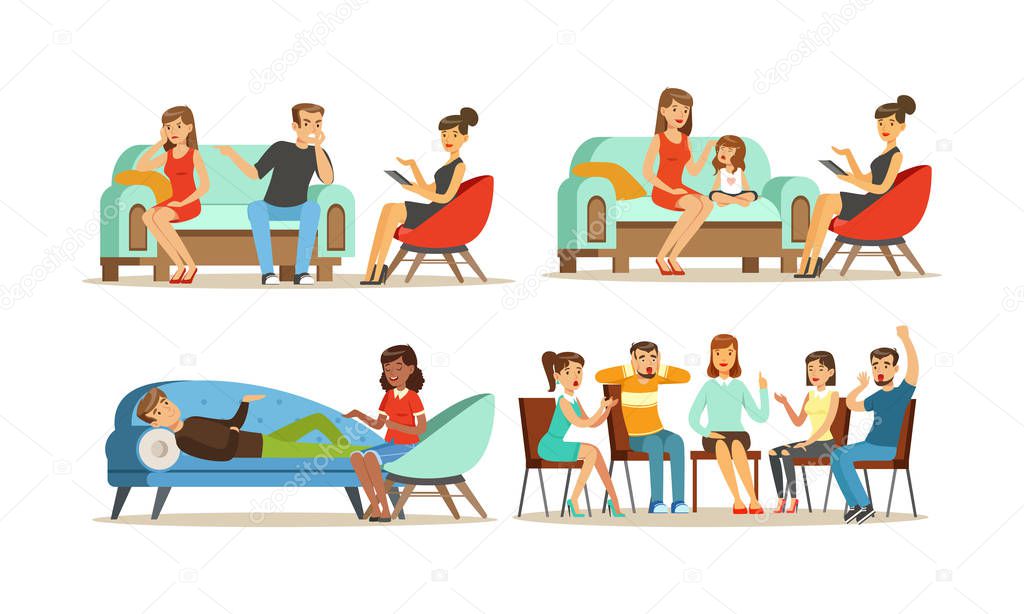 People Visiting Female Psychologist Vector Illustrations Set