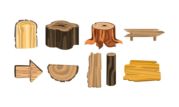 Wooden Stubs and Logs Vector Set. Firewood and Crust Isolated on White Background — Stock Vector