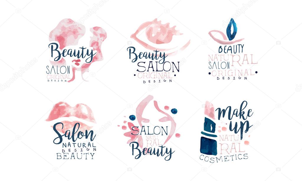Beauty Salon Logo or Labels Design Vector Set. Advertising Badge with Watercolor Elements