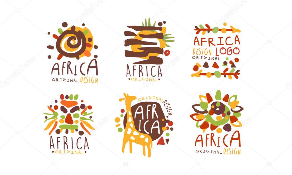 Africa Logo and Label Original Design Vector Set. Colorful Hand Drawn South Travelling Concept