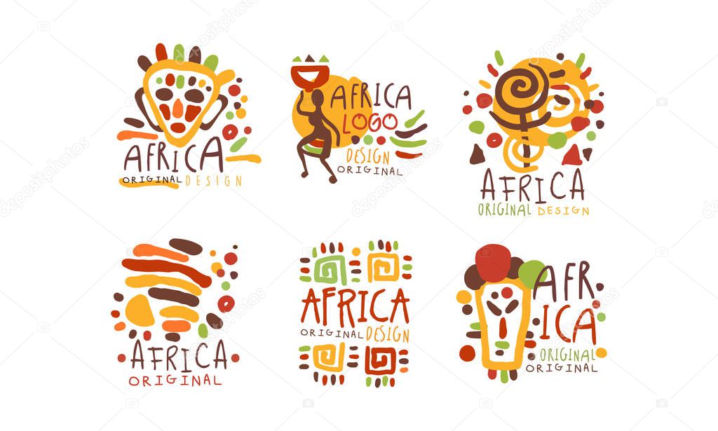 Africa Logo and Label Original Design Vector Set. Colorful Hand Drawn South Travelling Concept