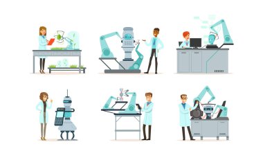 Robotlarla Laboratuvarda Çalışan Bilim Adamları Vektör Resimleri Ayarlandı