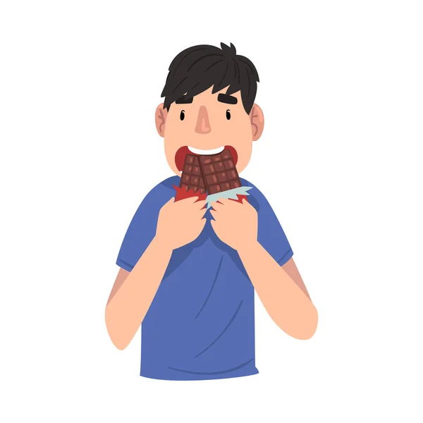 Chico divertido comiendo barra de chocolate, personaje de dibujos animados del hombre del diente dulce disfrutando comiendo dulces Vector Illustration — Vector de stock