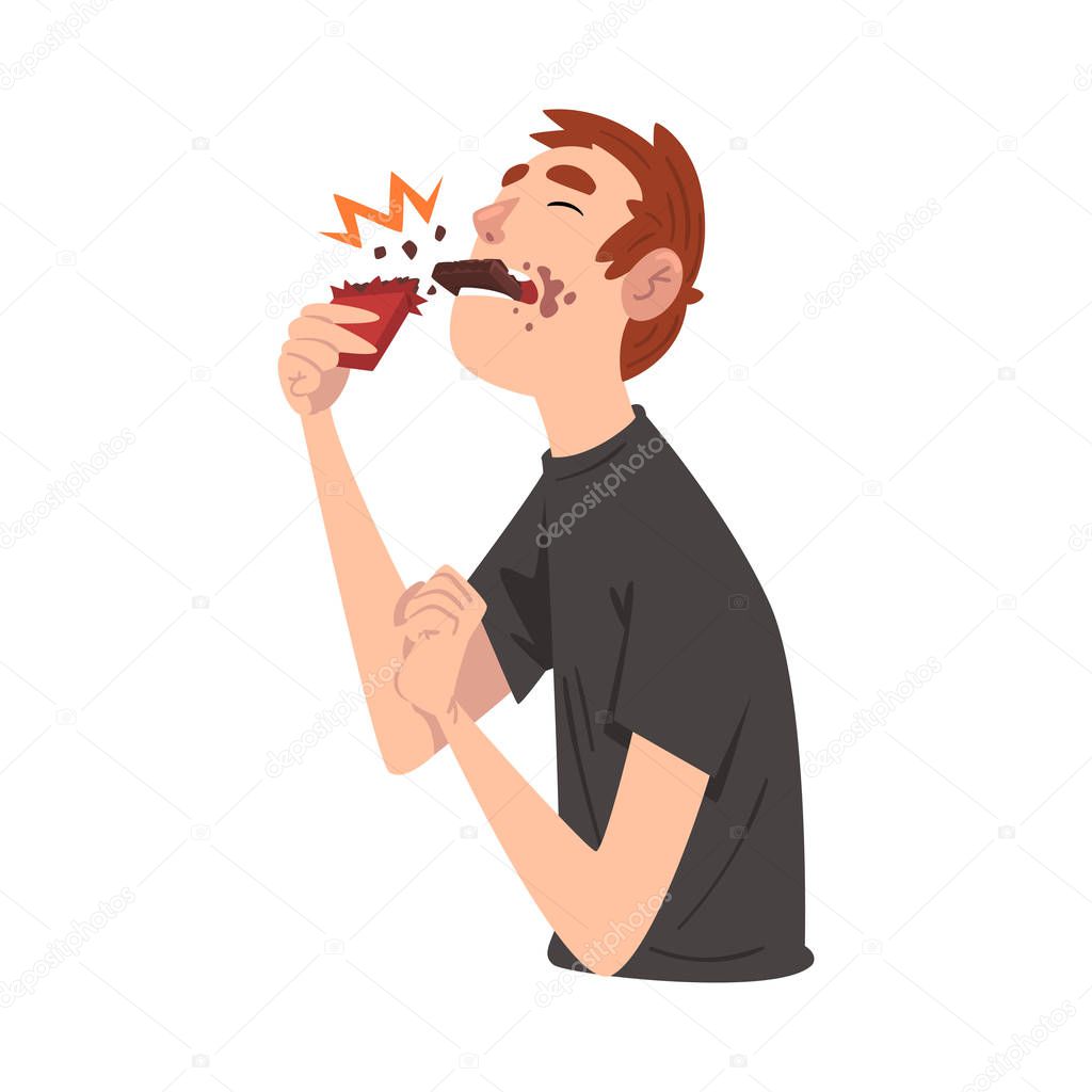 Guy Eating Chocolate, Funny Man Cartoon Character Enjoying Eating Sweets Vector Illustration