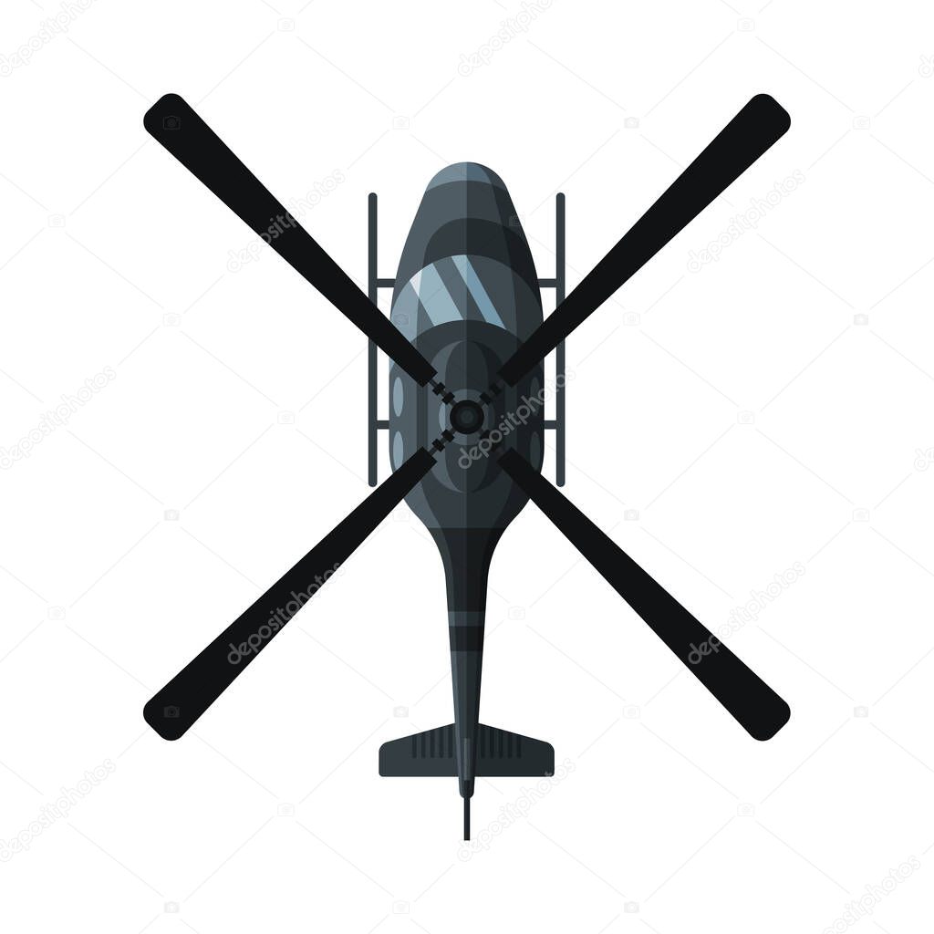 Flying Black Combat Helicopter, View from Above, Military Air Transport Vector Illustration