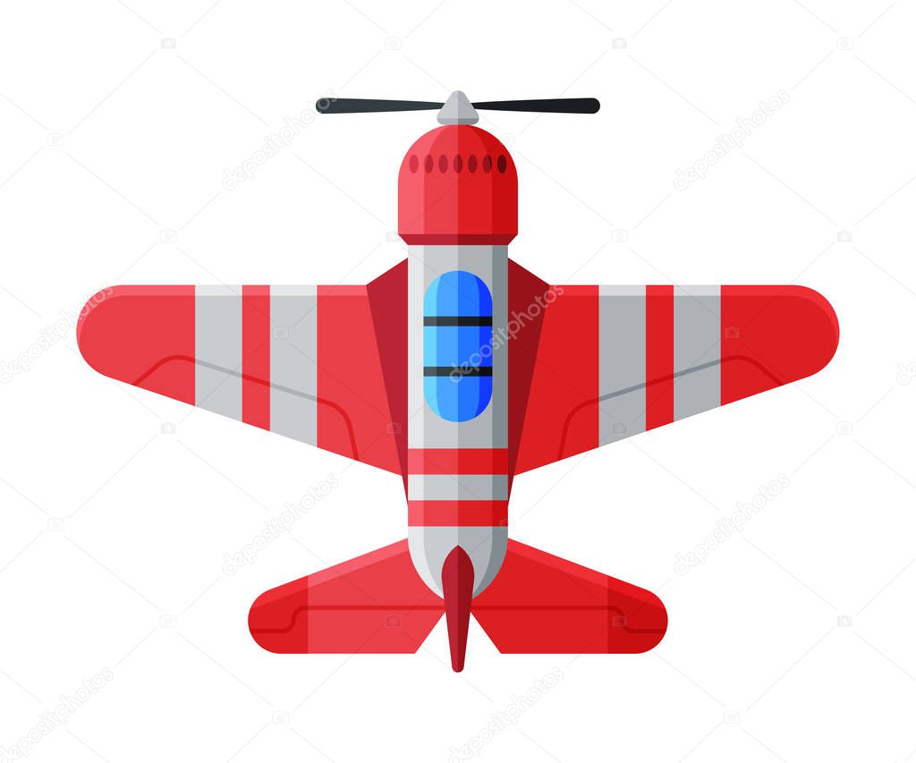 Flying Red Aircraft, Airplane View from Above, Air Transport Vector Illustration