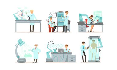 Laboratuvarda Robotlar Vector Illustrations Set ile çalışan bilim adamları. Yapay Zeka Konsepti