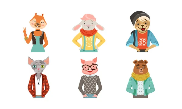 People with Animal Heads Vector Set. Mammal Characters Wearing Trendy Clothes — Stock Vector