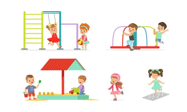 Pequeños niños jugando en el patio de recreo conjunto de ilustraciones vectoriales. Concepto de infancia descuidada — Vector de stock