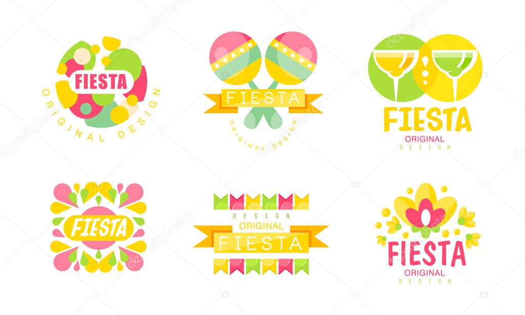 Fiesta Logo and Labels Original Design Vector Set. Bright Carnival Emblem Concept