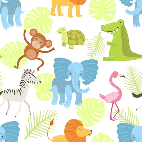 Şirin Afrika Hayvanları ve Kuşlar Kusursuz Desen Elementi Kumaş, Paket Kağıdı, Web Sitesi Vektör Çizimi Kullanılabilir