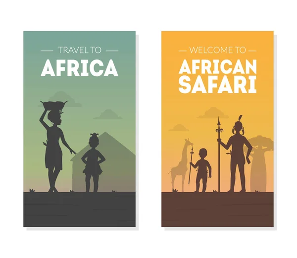 Travel to Africa, Welcome to African Safary Banner Templates Set with Silhouettes of Native Tribal People in Traditional Clothes Vector illustration — Stock Vector