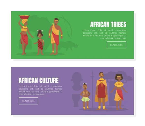 African Culture and Tribes Landing Page Templates Set with Native Tribal People in Traditional Clothes Vector illustration — Stock Vector