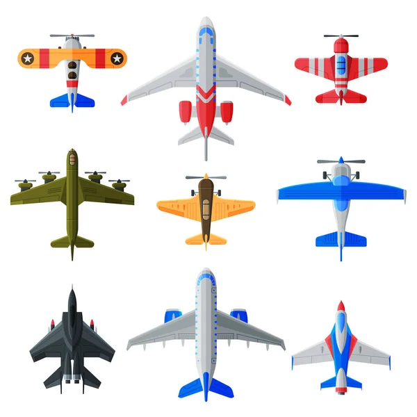 Коллекция летающих самолетов, различные гражданские и военные самолеты, вид сверху, векторная иллюстрация воздушного транспорта — стоковый вектор